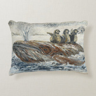 Whale Riders Whimsical Whale and Penguin Ocean Accent Pillow