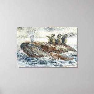 Whale Riders Whimsical Whale and Penguin Ocean Canvas Print