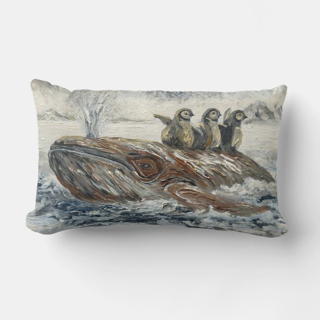 Whale Riders Whimsical Whale and Penguin Ocean Lumbar Pillow (Front)