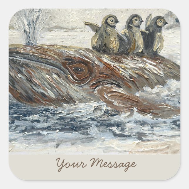 Whale Riders Whimsical Whale and Penguin Ocean Square Sticker (Front)