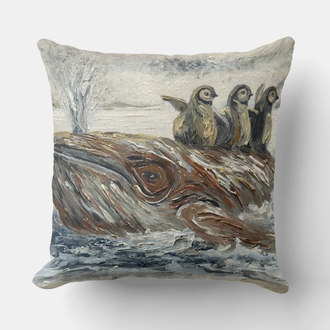 Whale Riders Whimsical Whale and Penguin Ocean Throw Pillow (Front)