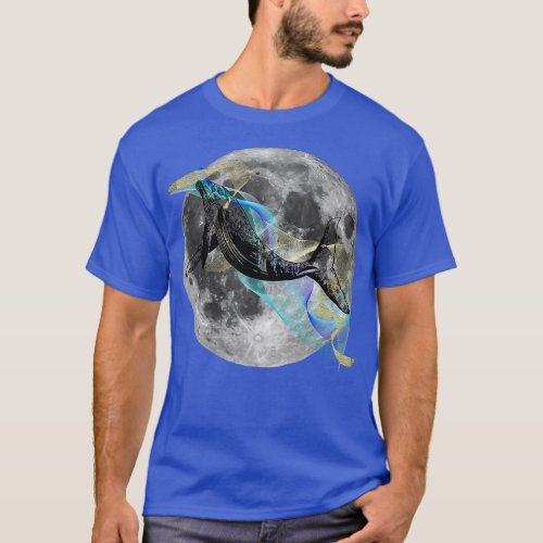 Whale riding cosmic blue gold wave towards moon hu T_Shirt