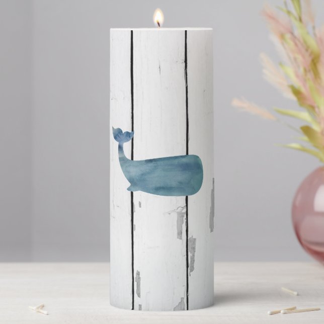 Whale Rustic Shiplap Beach Design Pillar Candle (In Situ)