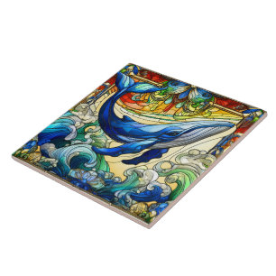 Whale`s Delight A Stained Glass Ocean Tale Ceramic Tile
