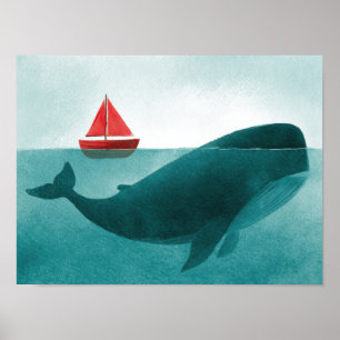Whale & Sailboat – Minimal Ocean Art Poster