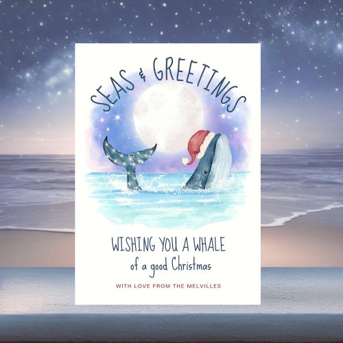 Whale Santa Sea Moon  Stars Christmas Holiday Card