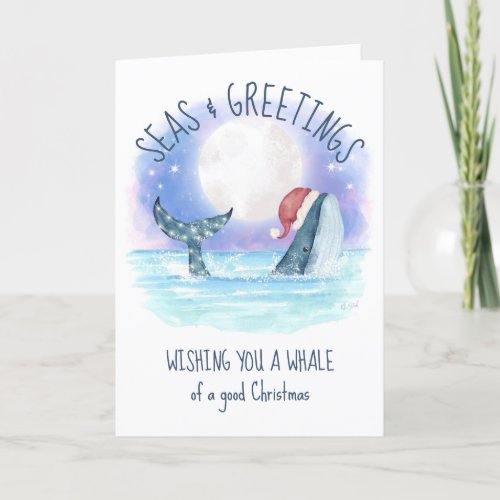 Whale Santa Sea Moon  Stars Nautical Christmas Holiday Card