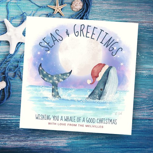 Whale Santa sea Moon  Stars Nautical Christmas Holiday Card