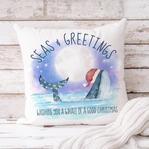 Whale Santa Sea Nautical Watercolor Christmas Throw Pillow