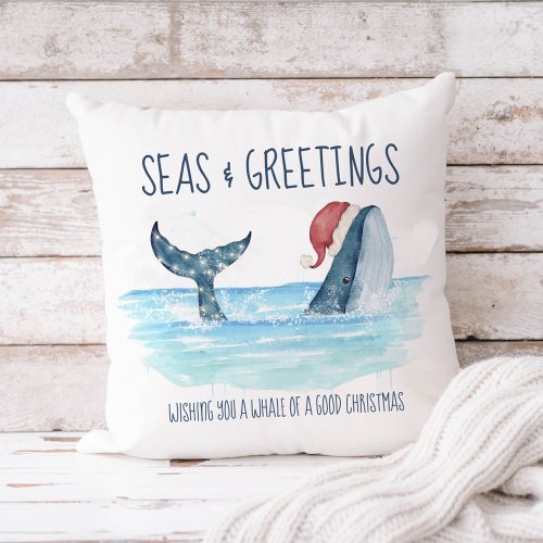 Whale Santa Sea Watercolor Coastal Christmas Throw Pillow