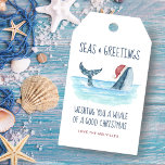 Whale Santa Sea Watercolor Nautical Christmas  Gift Tags<br><div class="desc">Add some nautical fun to your holiday presents with these Christmas gift tags featuring a watercolor whale wearing a Santa hat swimming in the sea with string lights decorating its tail. The "Seas & Greetings" and "Wishing you a whale of a good Christmas" greetings, along with the name can be...</div>