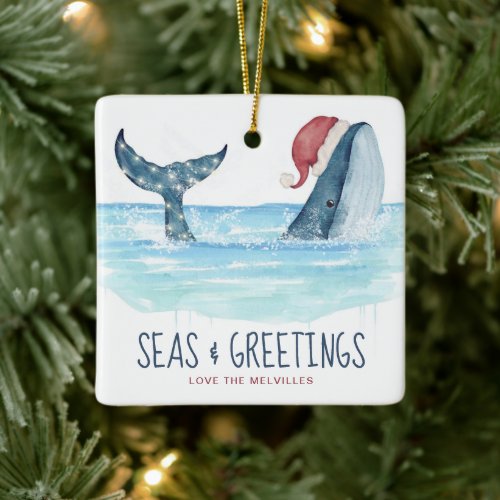 Whale Santa Seas  Greetings Coastal Christmas  Ceramic Ornament