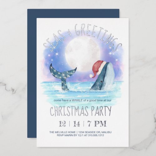 Whale Santa Seas  Greetings Nautical Christmas  Foil Invitation