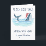 Whale Santa Seas & Greetings Nautical Christmas  Holiday Card<br><div class="desc">Nautical humor Christmas card features a watercolor whale wearing a Santa hat swimming in the sea with string lights decorating its tail. The "Seas & Greetings",   "Wishing you a whale of a good Christmas" and "Happy Holidays" greetings,  along with the name can be personalized. Art by KL Stock</div>