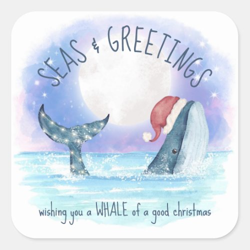 Whale Santa Seas  Greetings Nautical Christmas Square Sticker