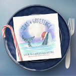 Whale Santa Seas Nautical Christmas  Napkins<br><div class="desc">Nautical humor Christmas napkins feature a watercolor whale wearing a Santa hat swimming in the sea under a magical moon and stars with string lights decorating its tail. The "Seas & Greetings" and "Wishing you a whale of a good Christmas" greetings, along with the name can be personalized. Perfect for...</div>