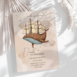 Whale Ship Pastel Gender-Neutral Birthday Invitation