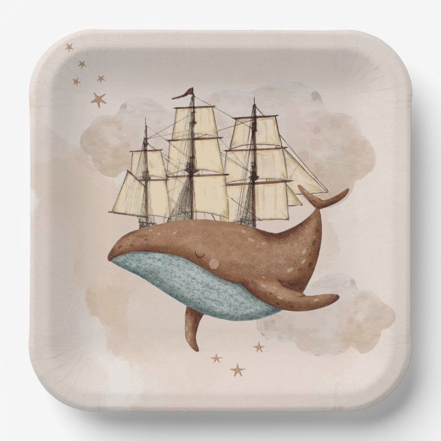 Whale Ship Pastel Gender-Neutral Birthday Paper Plates (Front)