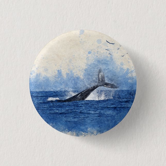 Whale Splash in Sea Birds in Distance Art Decor Button (Front)