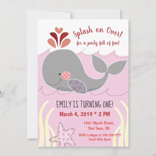Whale Splash on over First Birthday Invitation (Front)