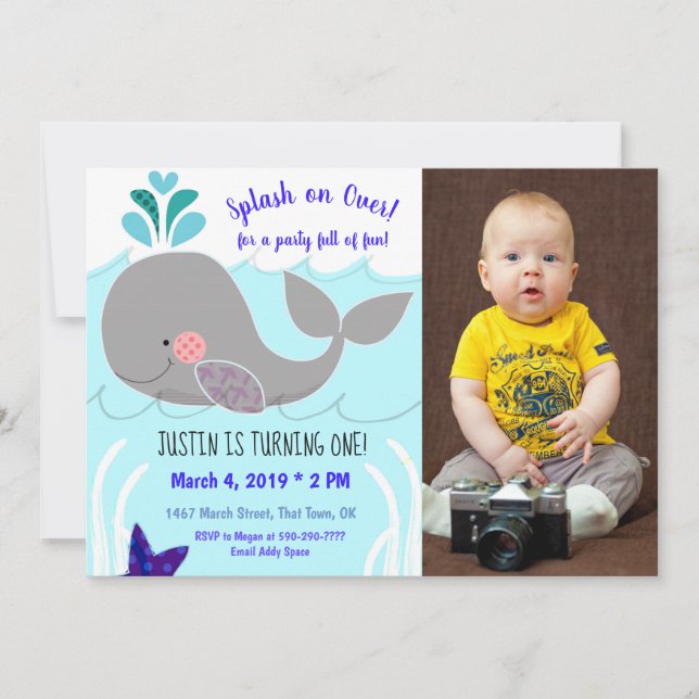 Whale Splash on over First Birthday Invitation (Front)