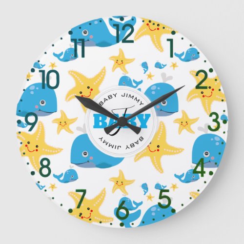 Whale  Starfish Cartoon Baby Monogram Pattern Large Clock