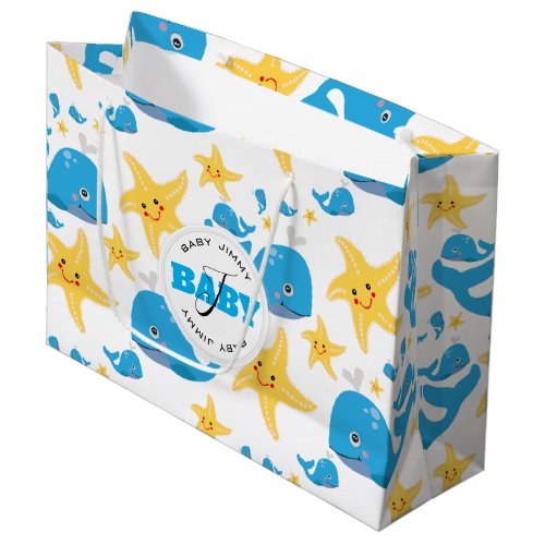 Whale  Starfish Cartoon Baby Monogram Pattern Large Gift Bag