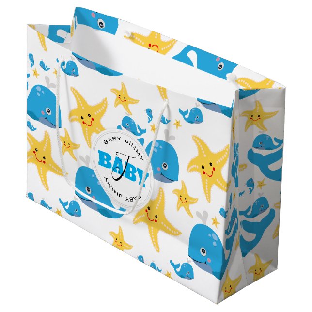 Whale & Starfish Cartoon Baby Monogram Pattern Large Gift Bag (Front Angled)
