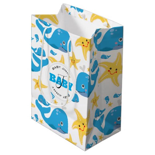 Whale  Starfish Cartoon Baby Monogram Pattern Medium Gift Bag