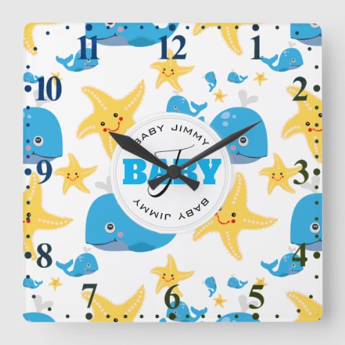 Whale  Starfish Cartoon Baby Monogram Pattern Square Wall Clock