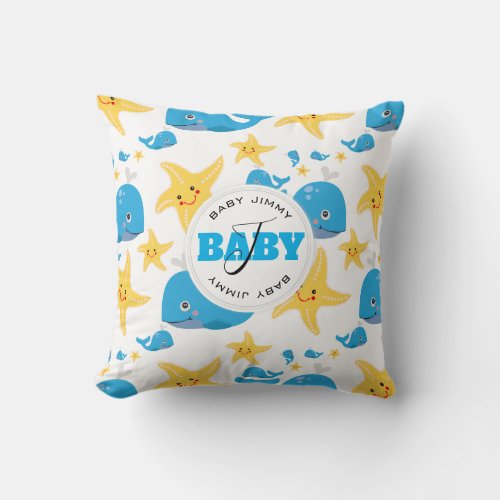 Whale  Starfish Cartoon Baby Monogram Pattern Throw Pillow
