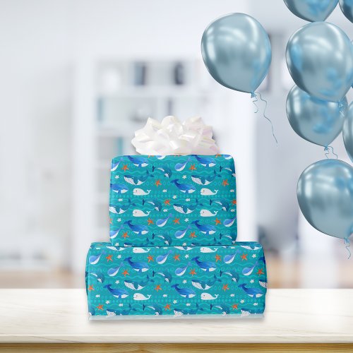 Whale Starfish Pattern  Medium Teal Wrapping Paper