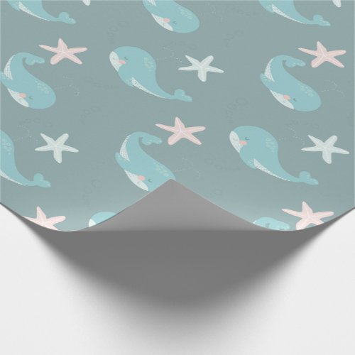 Whale  Starfish Pattern Sea Green Wrapping Paper