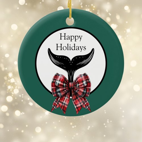 Whale Tail and Plaid Bow Black White Christmas Ceramic Ornament