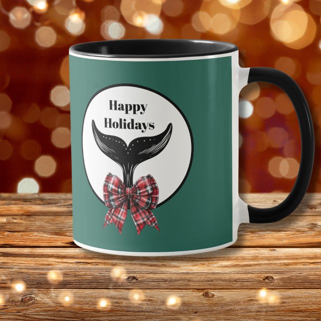 Whale Tail Black White Plaid Bow Christmas Mug (Creator Uploaded)