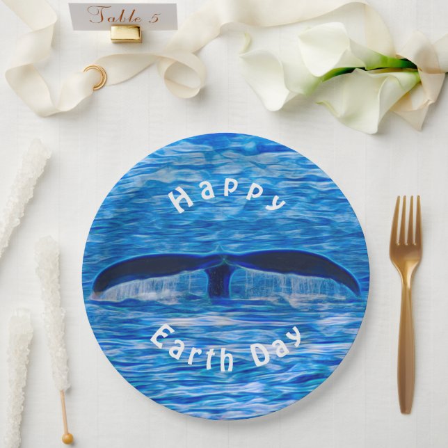 Whale Tail Blue Ocean Happy Earth Day Paper Plates (Wedding)