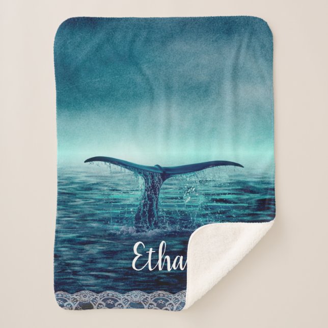 Whale Tail over Ocean Custom Sherpa Blanket (Front)