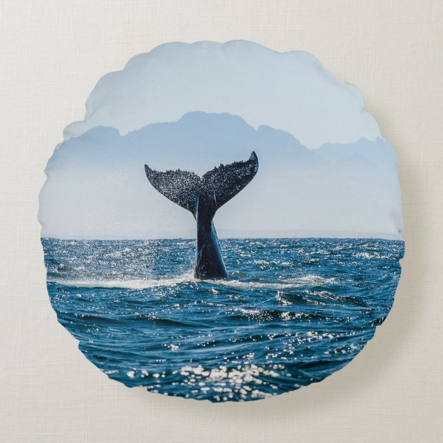 Whale Tail Seascape: Dramatic Water. Round Pillow (Front)