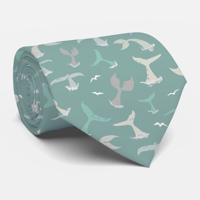 Whale Tails Ocean Blue Marine Wildlife Patterned Neck Tie (Rolled)