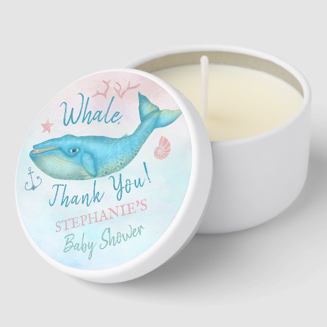Whale Thank You Nautical Baby Shower Teal Pink Mini Candle Favors (Corner)