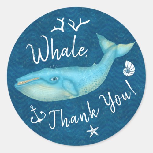 Whale Thank You Nautical Beach Navy Blue Ocean Sea Classic Round Sticker