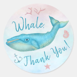 Whale Thank You Nautical Beach Teal Blue Ocean Sea Classic Round Sticker