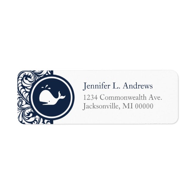Whale Theme Navy Blue White Damask Beach Weddings Label (Front)