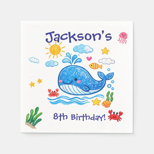 Whale Theme Summer Kids Birthday Party Napkins (Front)
