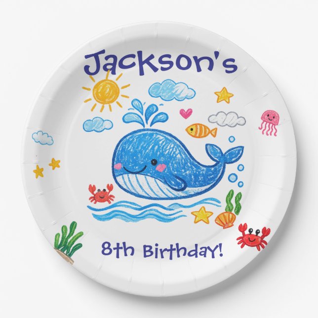 Whale Theme Summer Kids Birthday Party Paper Plates (Front)