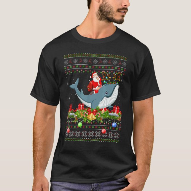 Whale  Ugly Santa Riding Whale Christmas T-Shirt (Front)