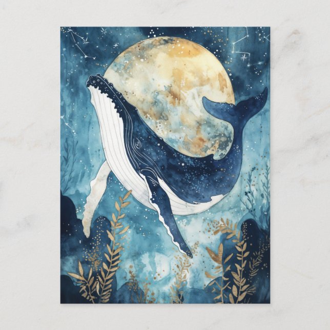 Whale Under Full Moon with Starry Sky Postcard (Front)