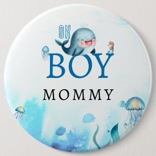 Whale Under Sea Watercolor Boy Baby Shower Mommy Button