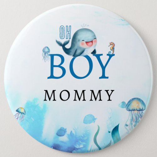 Whale Under Sea Watercolor Boy Baby Shower Mommy Button
