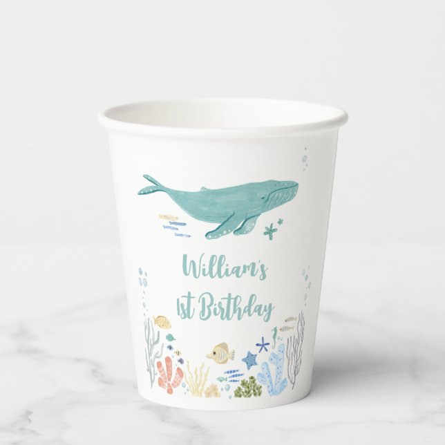 Whale Under The Sea 1st Birthday Paper Cups (Back)